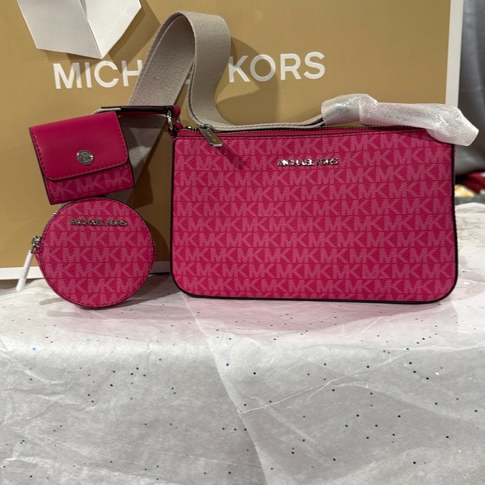 Michael Kors Pink Women's crossbody, Airpod case, and coin wallet Bag Set